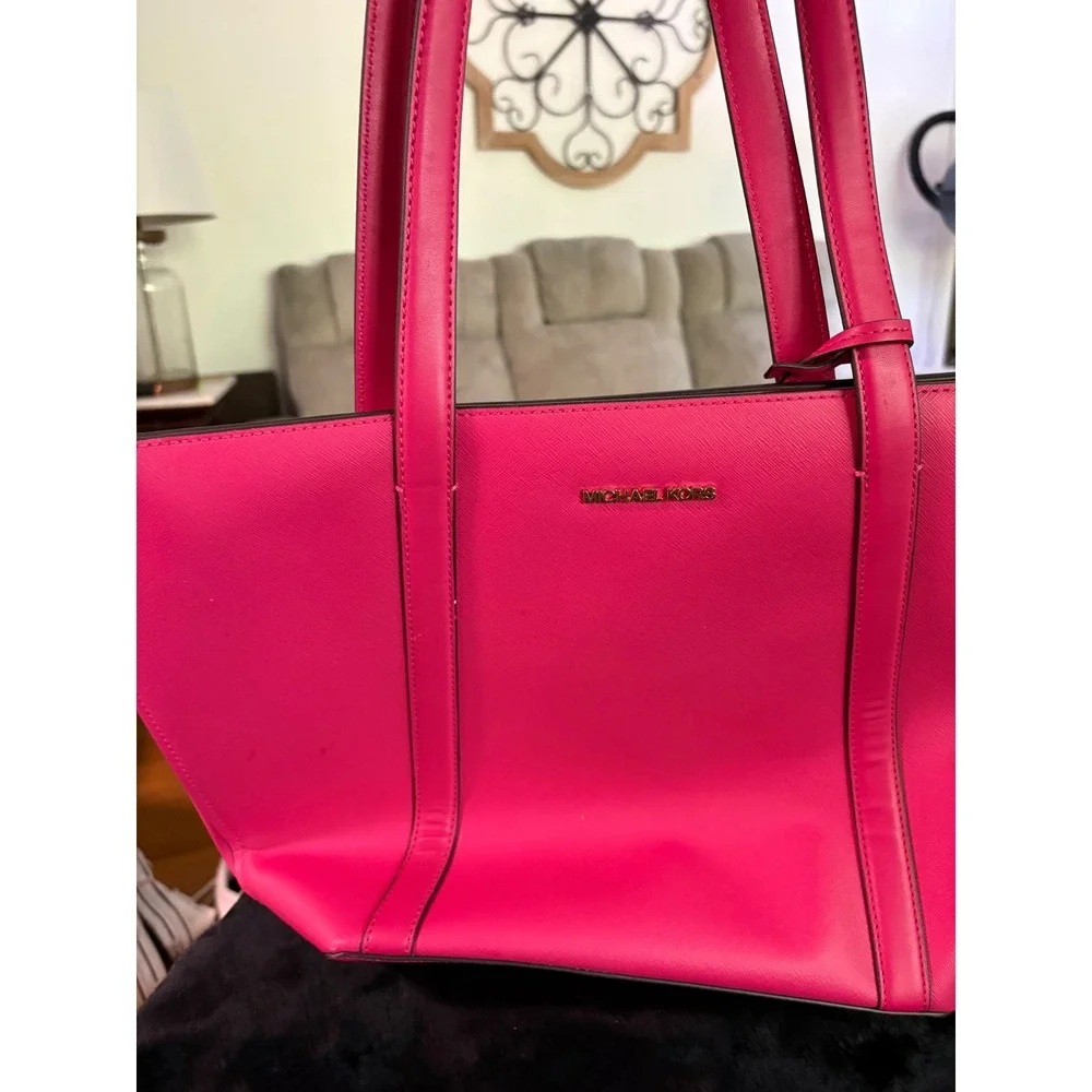Michael Kors Hot Pink Saffiano Leather Tote Bag Gold Hardware MK Charm Shoulder